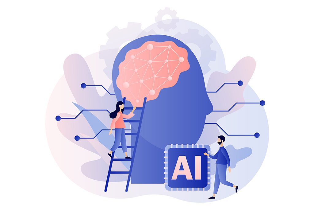 AI Technology Illustration - People working with artificial intelligence, brain networks, and AI chips